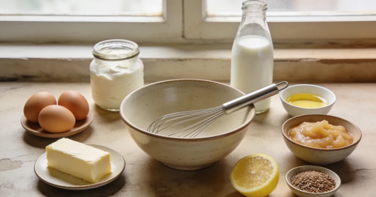 Baking substitutes laid out on a counter: eggs, butter, yogurt, milk, oil, and applesauce beside a mixing bowl