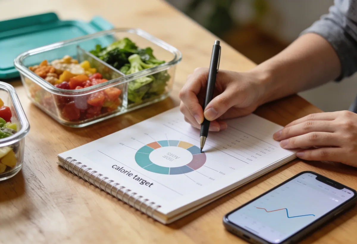 Finding a daily calorie target on a chart with a notebook and healthy meal prep containers nearby