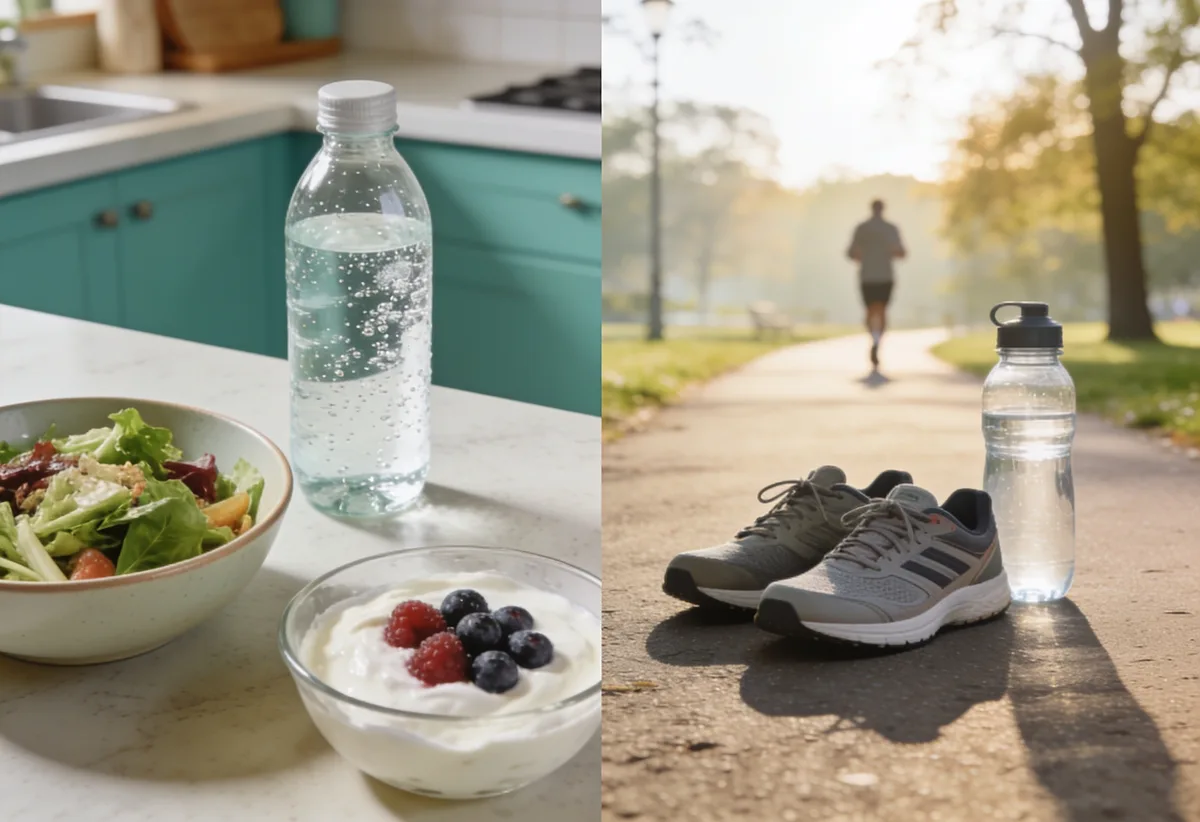 Two paths to the same calorie gap: lighter food swaps on one side and a brisk walk on the other