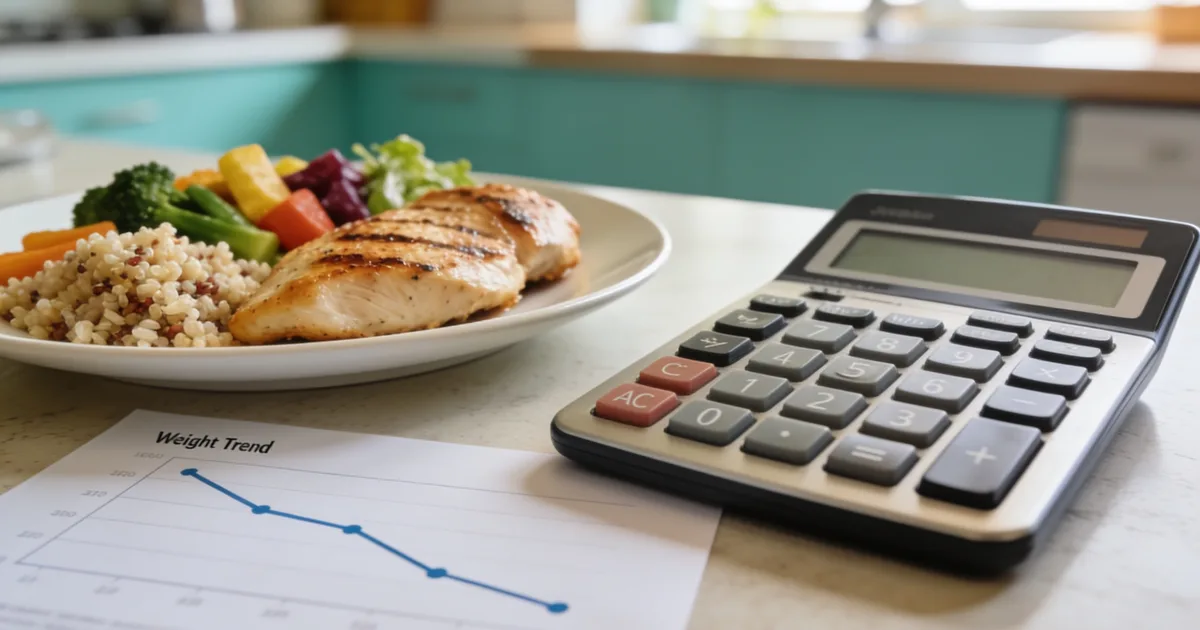 How many calories to lose weight: a healthy plate beside a calculator and a downward weight-trend chart