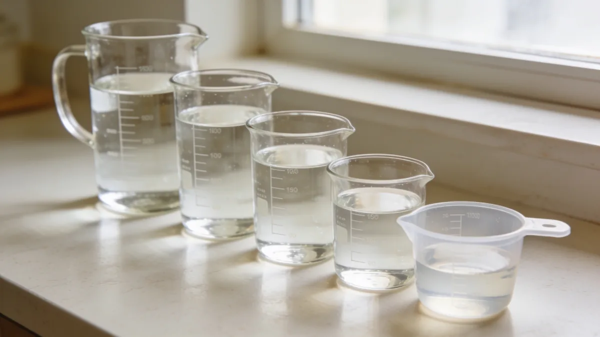 Five measuring cups of different sizes lined up on a counter showing US, metric, UK, Japanese, and rice cooker cup volumes