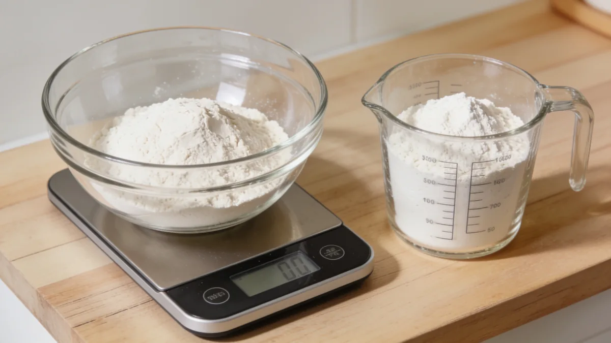 A kitchen scale and measuring cup comparing 237 mL and 250 mL of flour with the weight difference shown