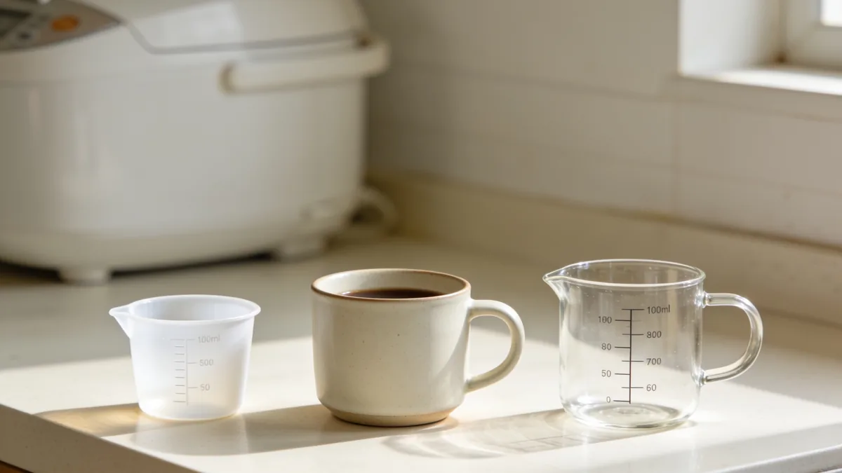 A rice cooker cup, coffee mug, and standard measuring cup side by side showing their different volumes