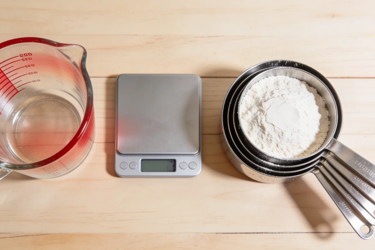 Liquid vs dry measuring: a glass liquid measuring cup beside stacked dry measuring cups with leveled flour and a kitchen scale