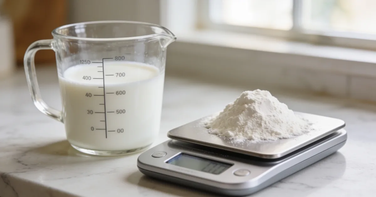 How many ounces in a cup: a glass liquid measuring cup marked in fluid ounces next to a kitchen scale weighing flour