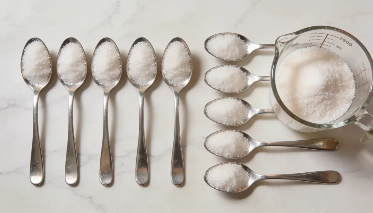 Measuring spoons and a half-filled measuring cup showing that 8 level tablespoons equal half a cup