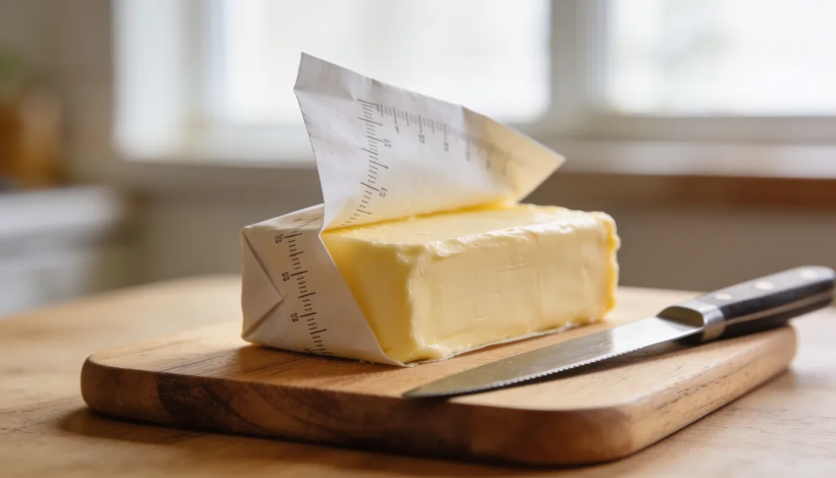 One stick of butter on a wooden board with the wrapper's tablespoon markings visible next to a chef's knife