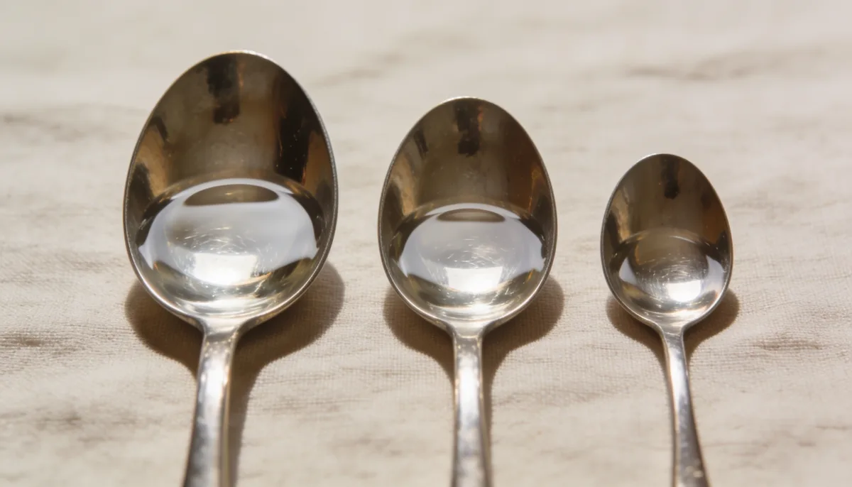 Three spoons of increasing size labeled US, metric, and Australian showing 14.79, 15, and 20 milliliter capacities