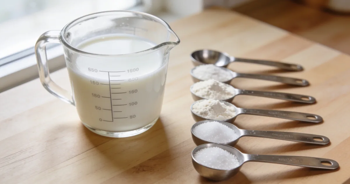 How many tablespoons in a cup: a glass measuring cup beside a row of measuring spoons filled with flour on a kitchen counter