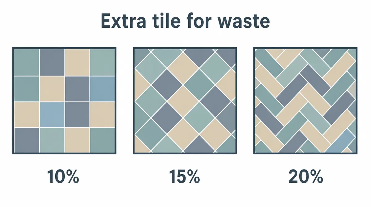 Tile waste factor by layout: straight grid 10 percent, diagonal 15 percent, herringbone up to 20 percent of extra tile