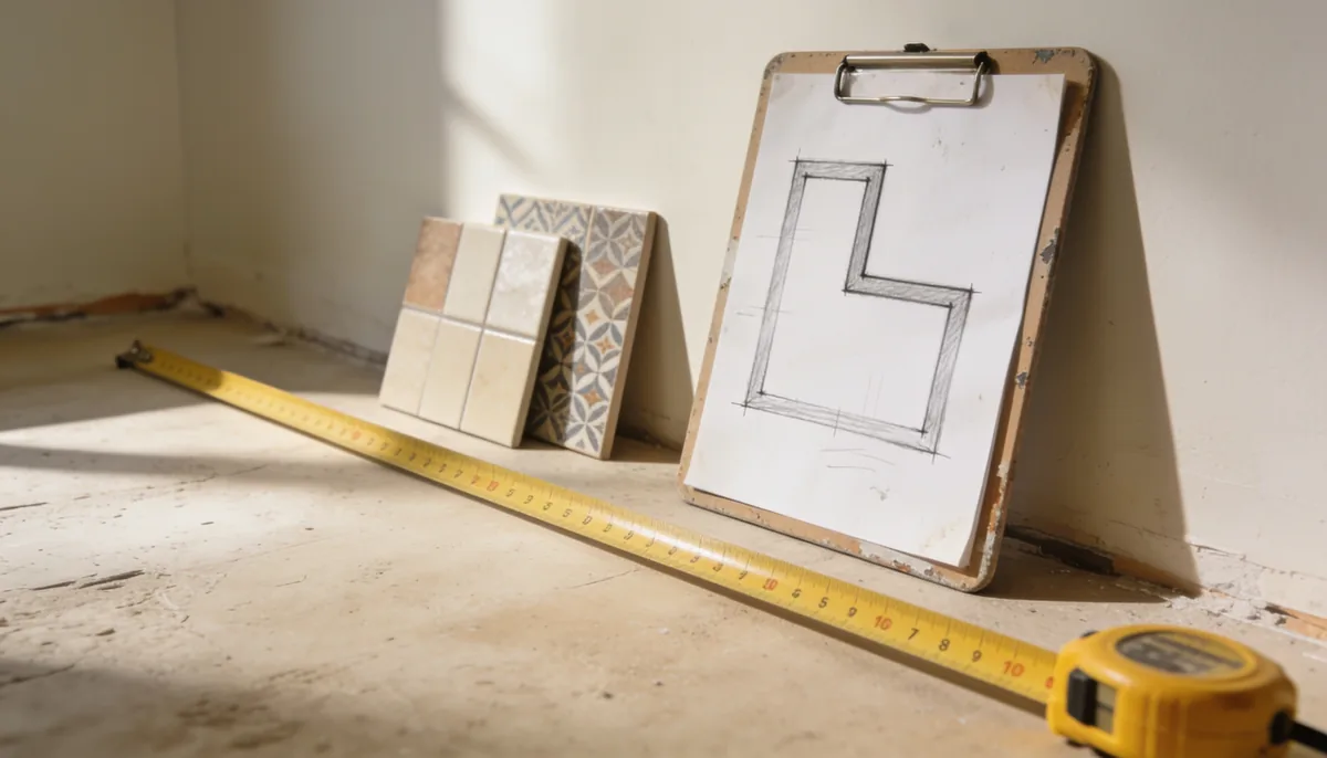 Measuring a room for tile: tape measure across the floor with a notepad sketch dividing an L-shaped space into two rectangles