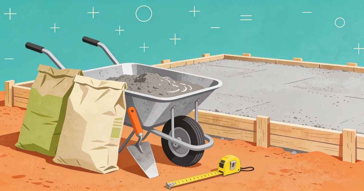 How much concrete do I need: bags of concrete mix, a wheelbarrow of wet concrete, and a tape measure beside a formed slab