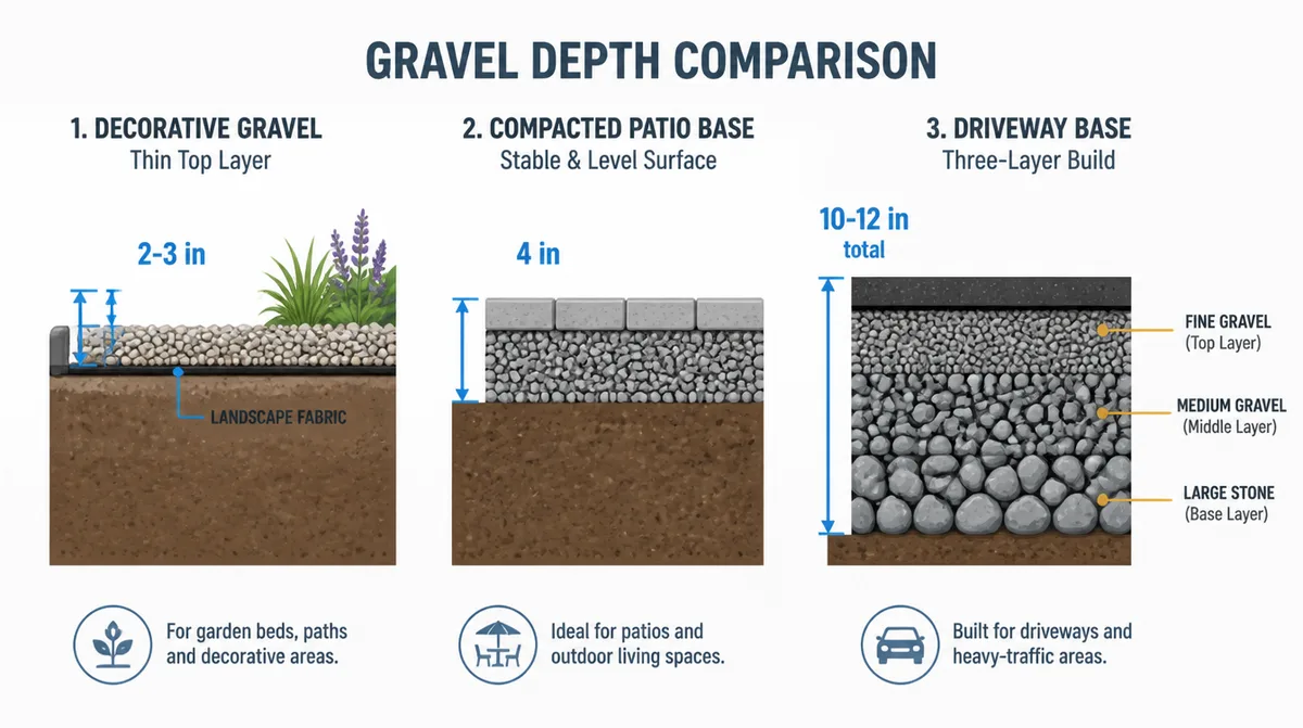 Gravel depth by project: decorative beds at two to three inches, patio base at four, new driveway at ten to twelve in three layers