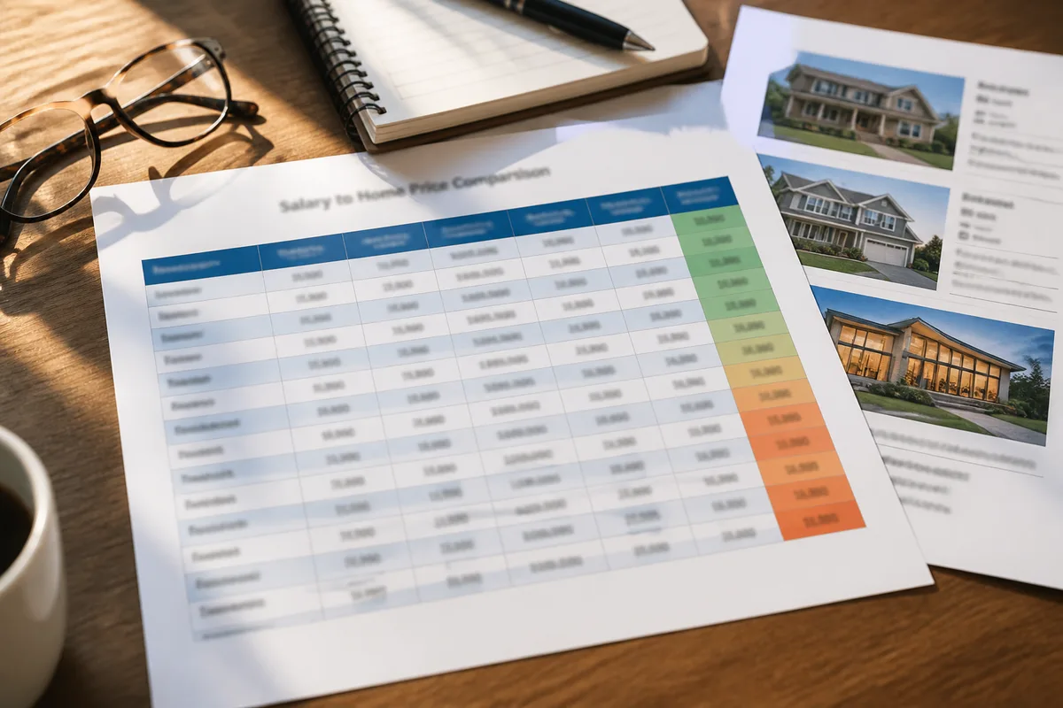 Salary to home price affordability chart being reviewed next to house listings and a notepad