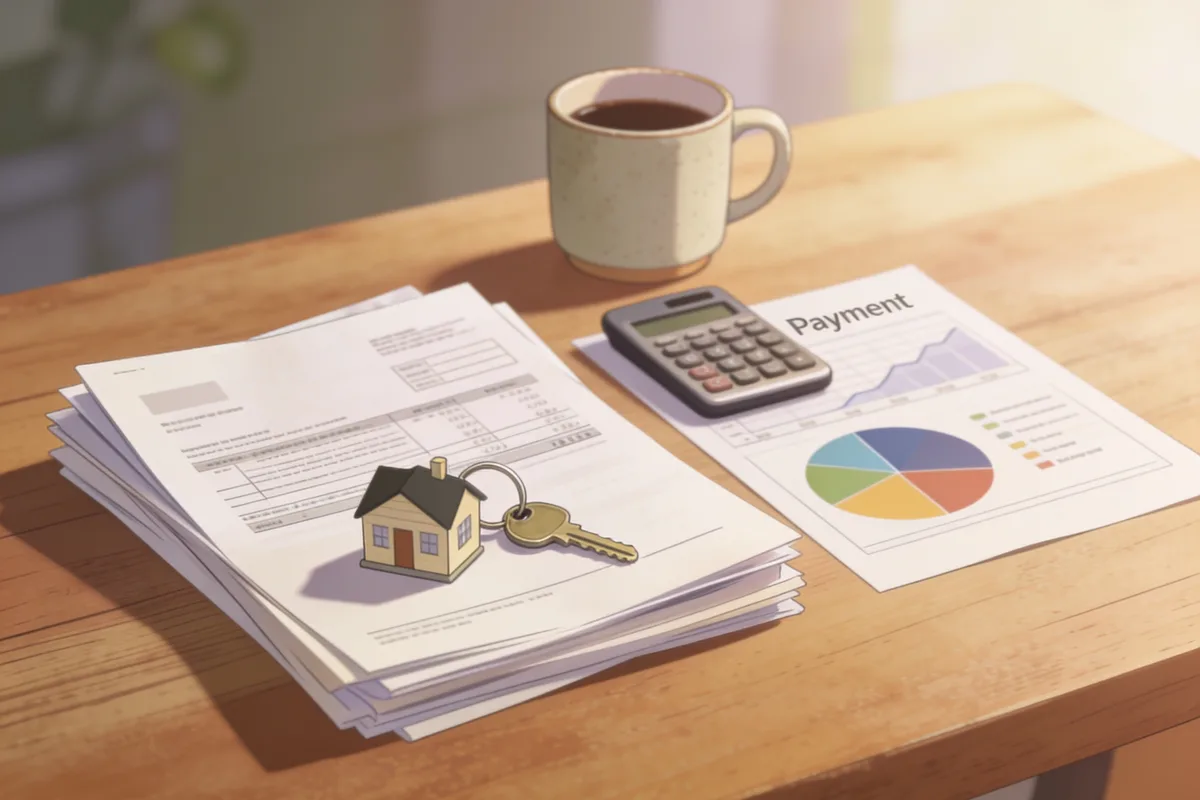 Breakdown of a full monthly mortgage payment with taxes, insurance, and maintenance beside a coffee mug and house keys