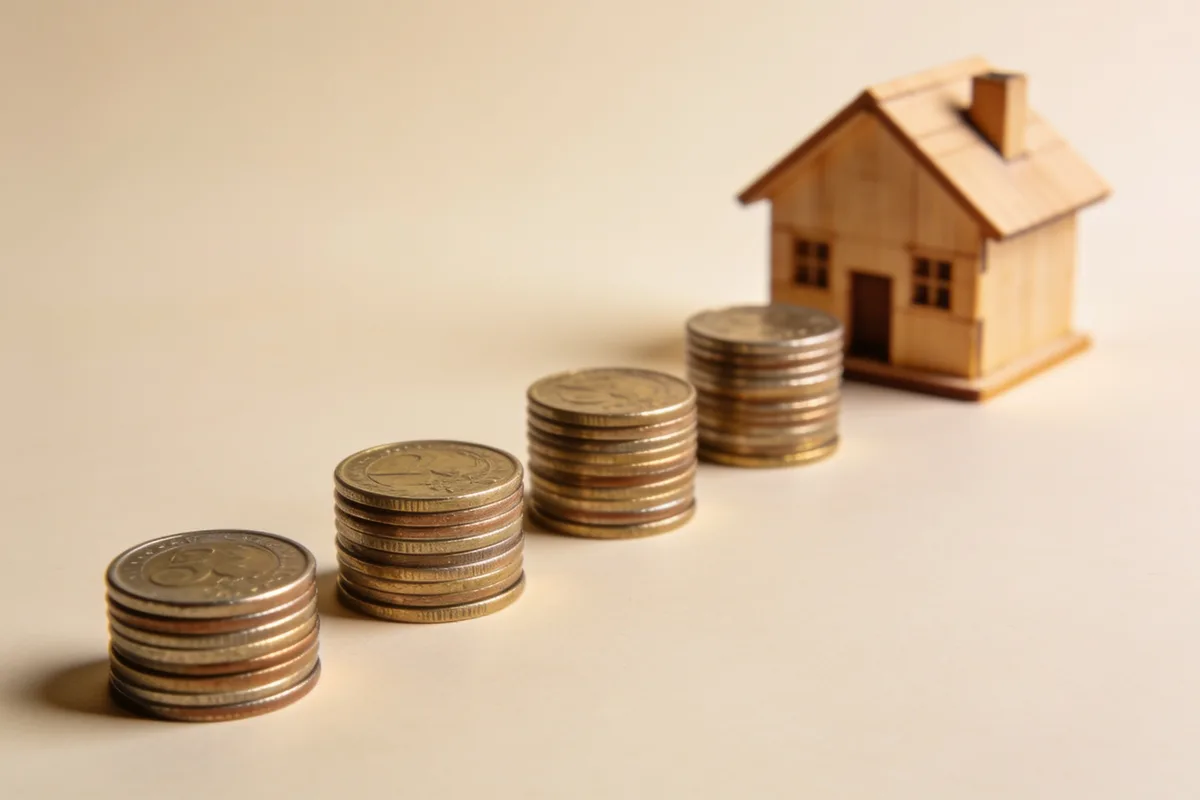 Stacks of coins growing toward a small house showing how a larger down payment lowers the monthly mortgage payment