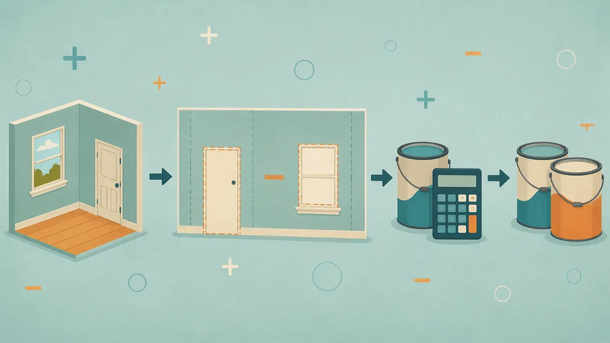 Worked example of the paint formula: wall area minus doors and windows divided by coverage rate