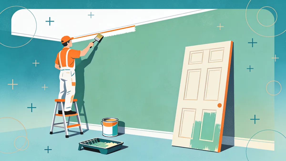 Table of ceiling, trim, and door paint amounts next to a painter cutting in a ceiling line