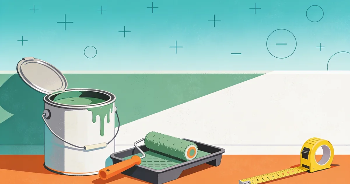 How much paint do I need: a gallon of paint, roller, and tape measure in front of a half-painted room wall
