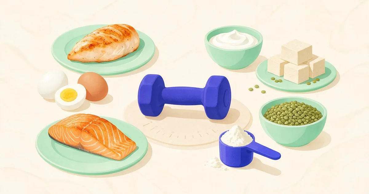 How much protein per day to build muscle shown as a spread of high-protein foods around a dumbbell