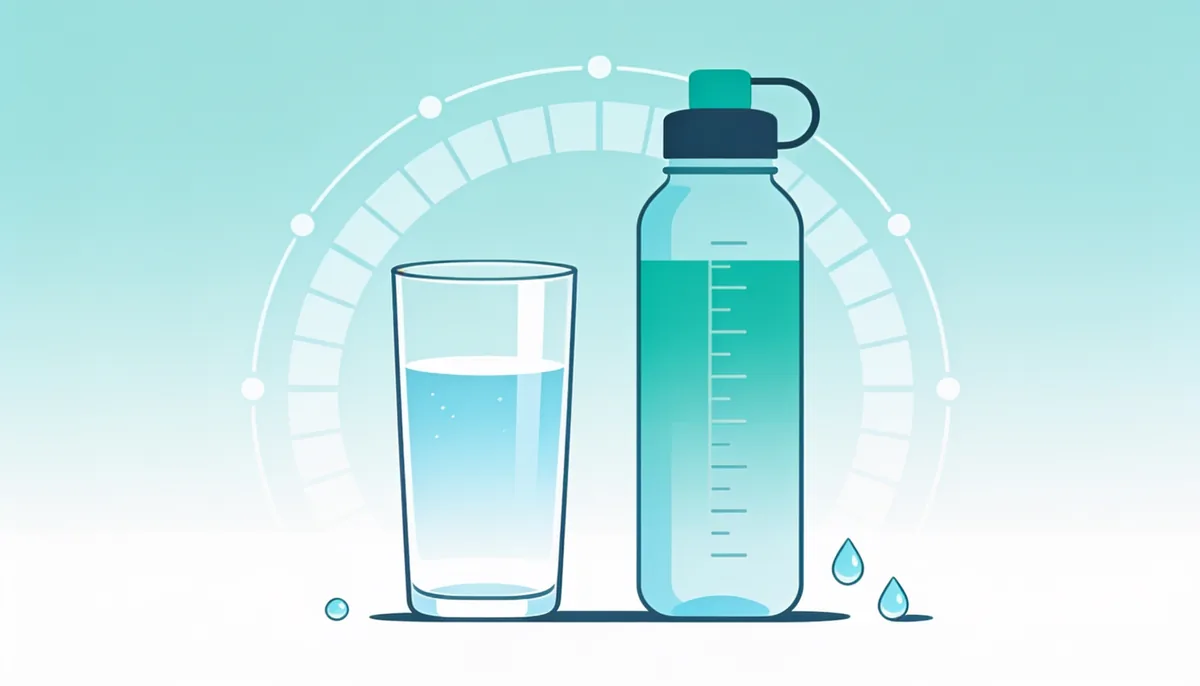 A tall glass of water and a reusable water bottle with measurement markings