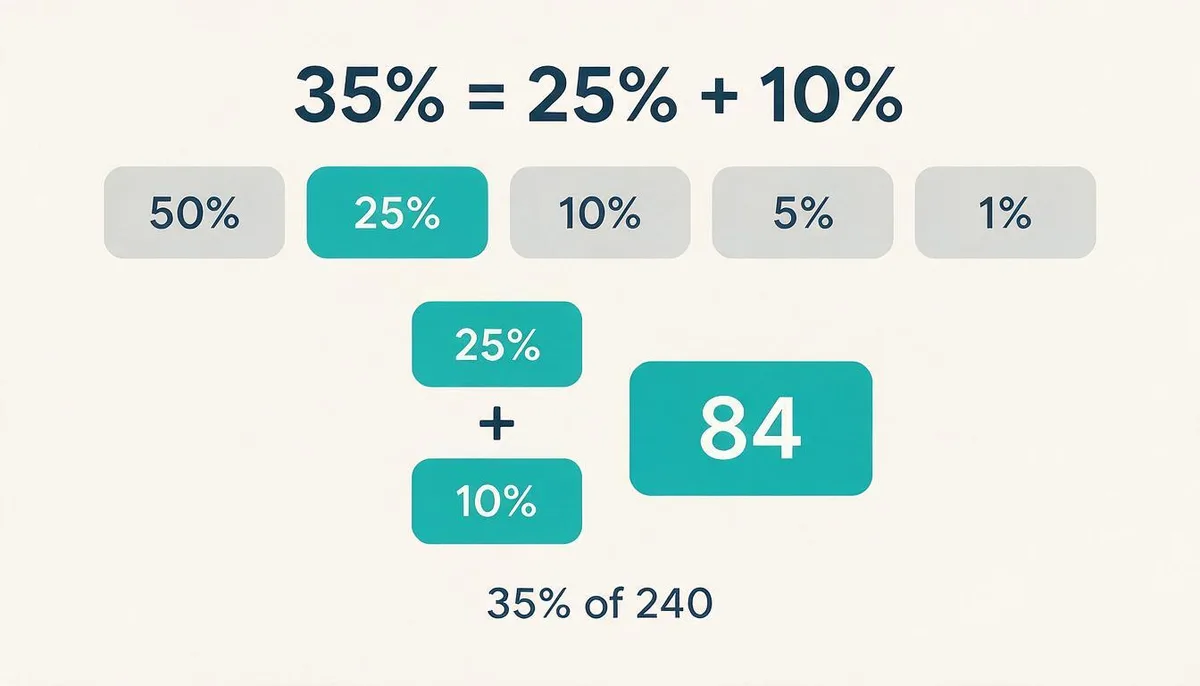 Mental math percentage building blocks chart showing 50, 25, 10, 5, and 1 percent shortcuts stacking to make 35 percent of 240