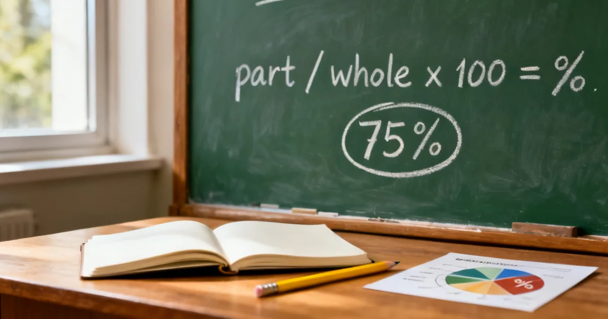 How to calculate percentage: the part over whole formula written on a chalkboard beside a pencil, notebook, and simple percent chart