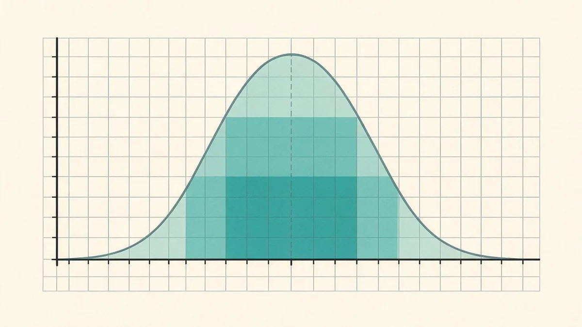 Bell curve showing the 68-95-99.7 empirical rule as three shaded bands of one, two, and three standard deviations around the mean
