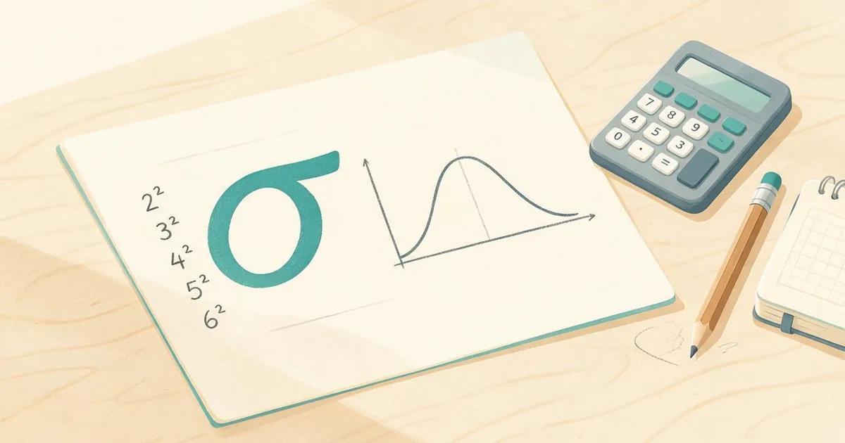 How to calculate standard deviation: worked formula sheet with the sigma symbol, a bell curve, and squared deviations beside a calculator
