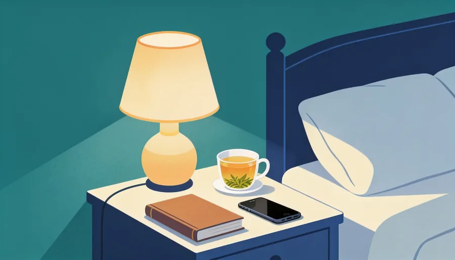 A calming bedtime routine with a lamp, book, and herbal tea on a nightstand