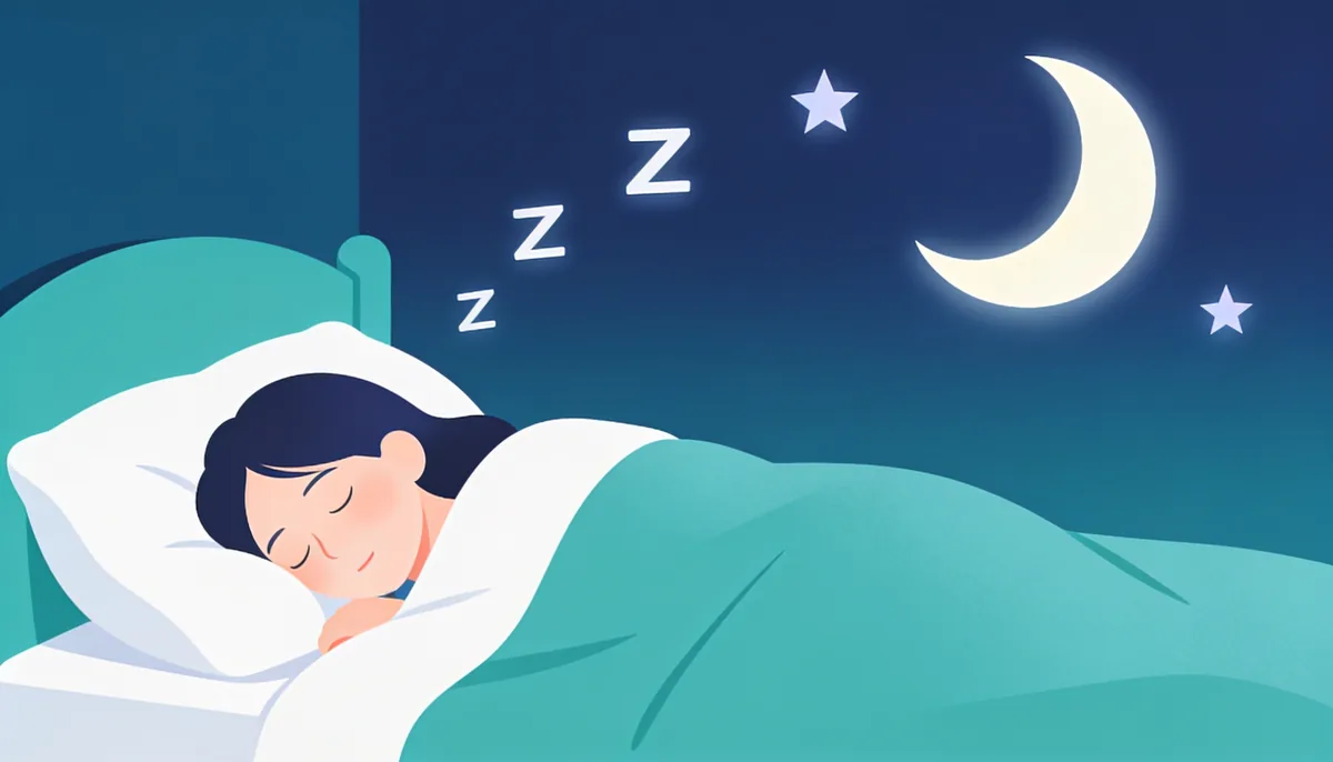 A person sleeping peacefully under a crescent moon with soft stars