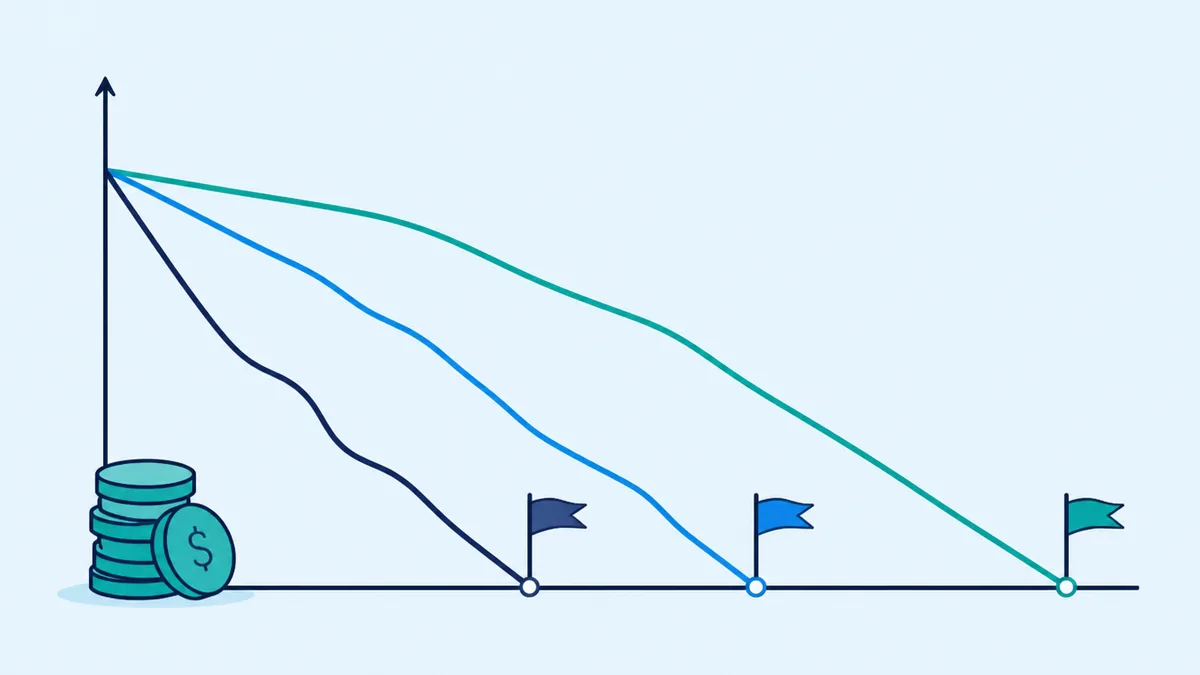 Chart showing how to get out of debt faster with snowball, avalanche, and hybrid payoff paths compared month by month