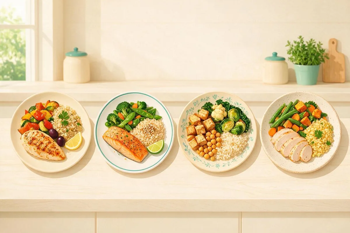 Four common weight-loss methods compared side by side as balanced plates on a kitchen counter