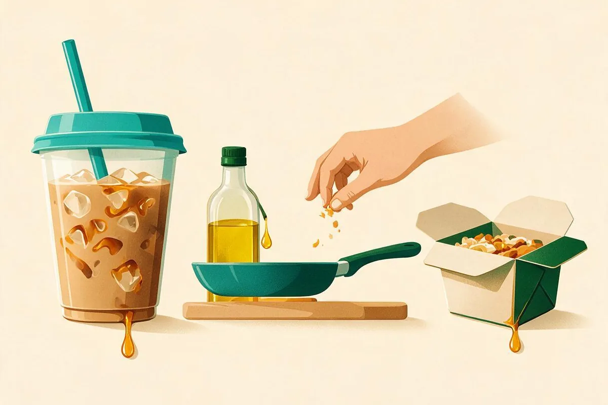 Hidden calorie sources like a sugary drink, a drizzle of oil, and snacking while cooking shown as small leaks in a daily calorie budget