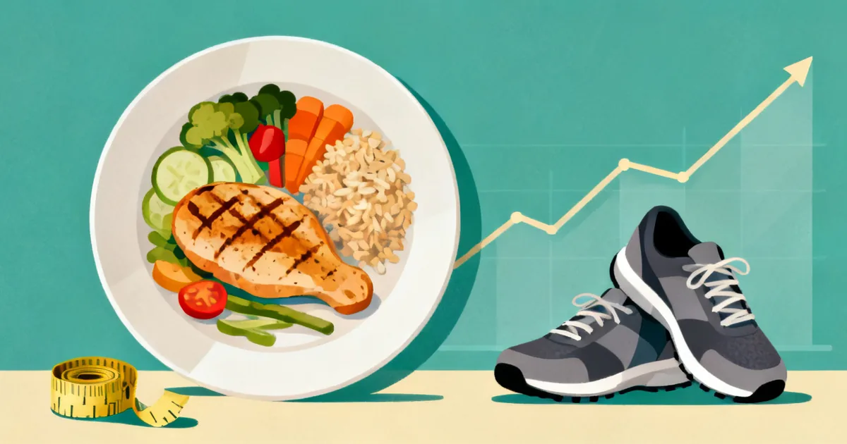 How to lose weight the healthy way shown as a balanced plate, walking shoes, and a gently falling weight-trend line
