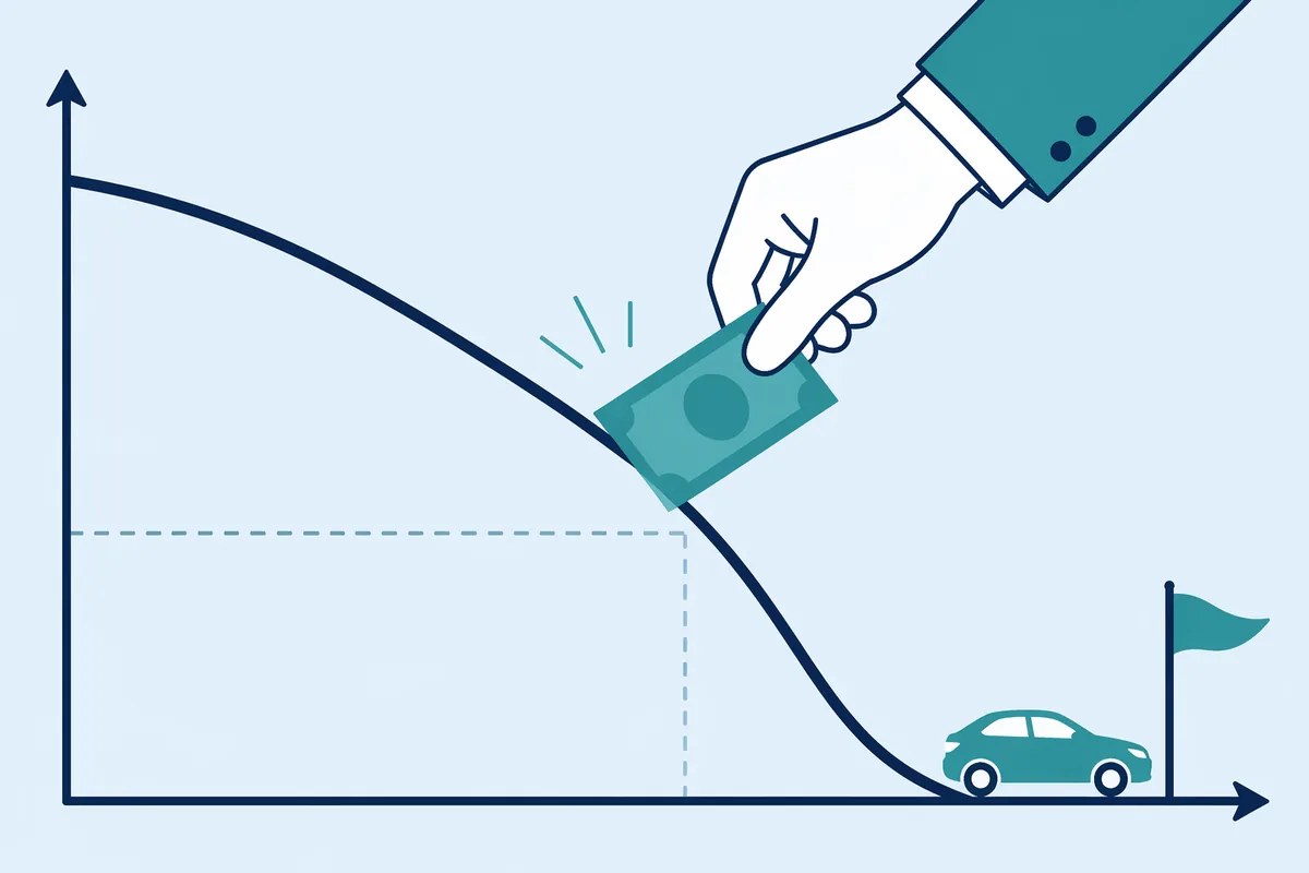 Extra payment bending a loan balance curve down faster toward the payoff flag