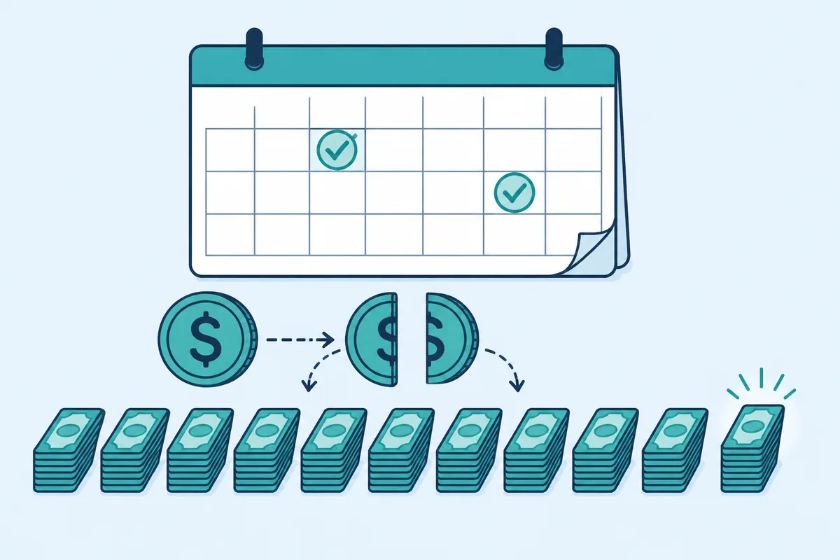 Calendar with two circled payment days and a row of payment stacks showing the extra 13th payment