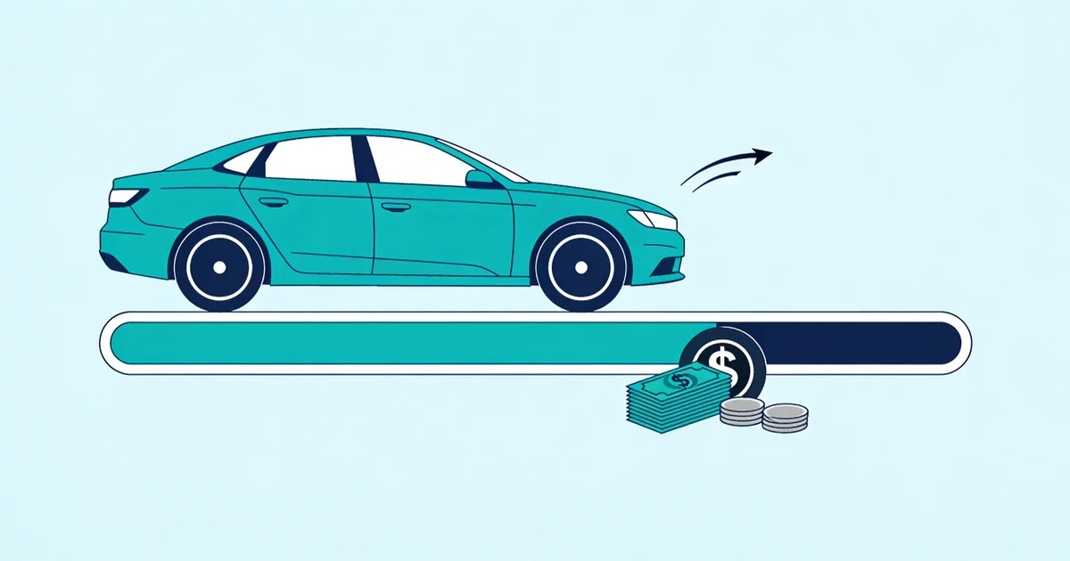 A teal car above a nearly full payoff progress bar with cash stacks, showing how to pay off your auto loan faster