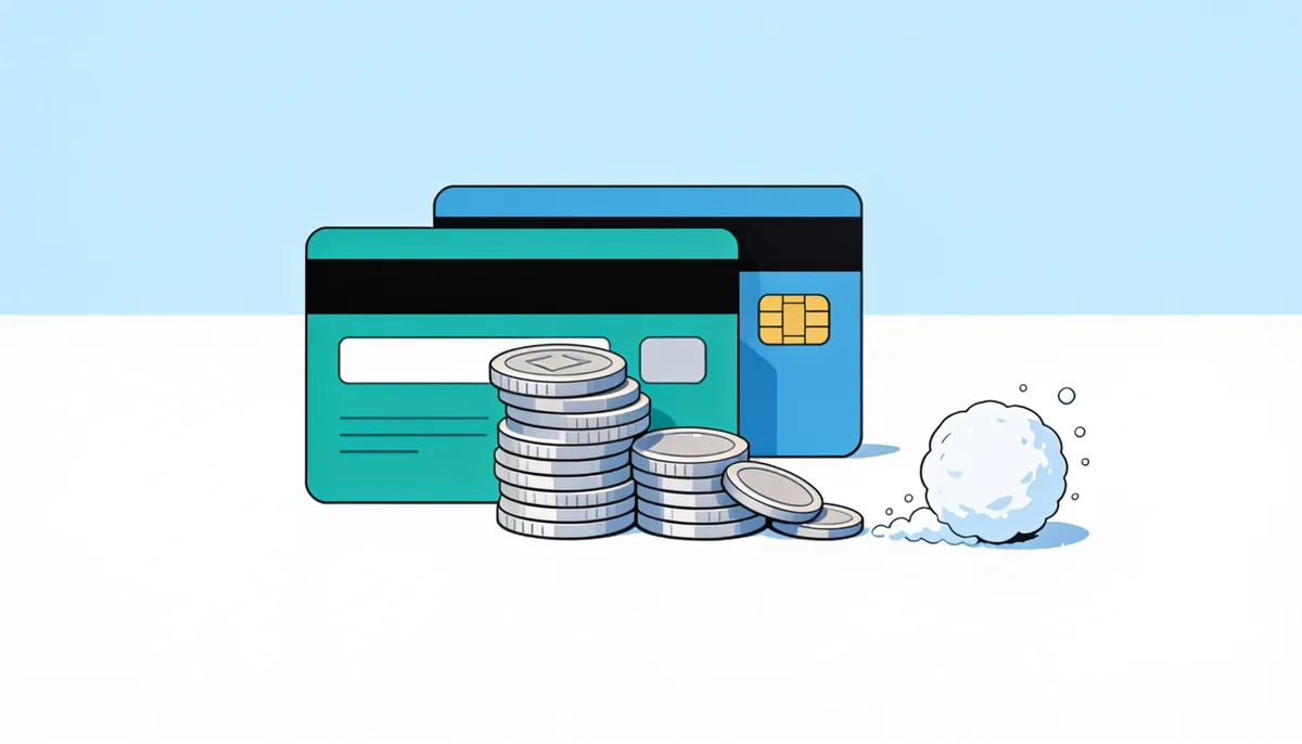 Credit cards beside a shrinking stack of coins and a small snowball, showing debt paid off over time