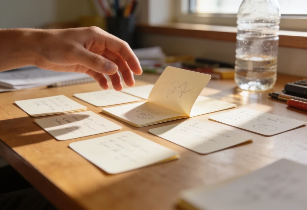 Flashcards spread on a desk during an active recall session, one card flipped to reveal the answer
