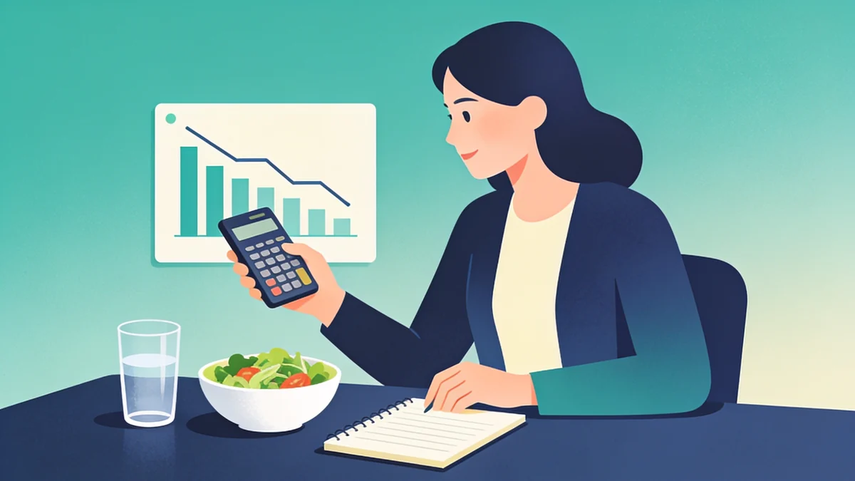 Planning a daily calorie target with a calculator, a notepad, and a downward weight trend chart