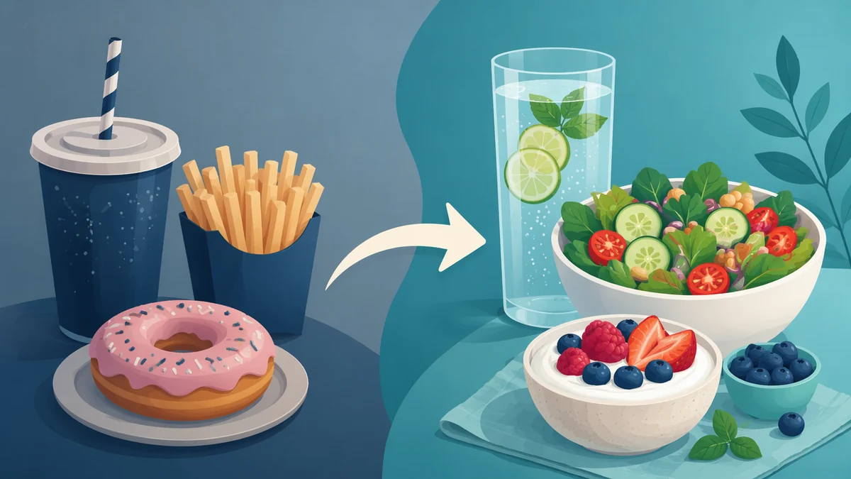 Food swaps that cut calories: soda, fries, and a donut swapped for sparkling water, salad, and Greek yogurt
