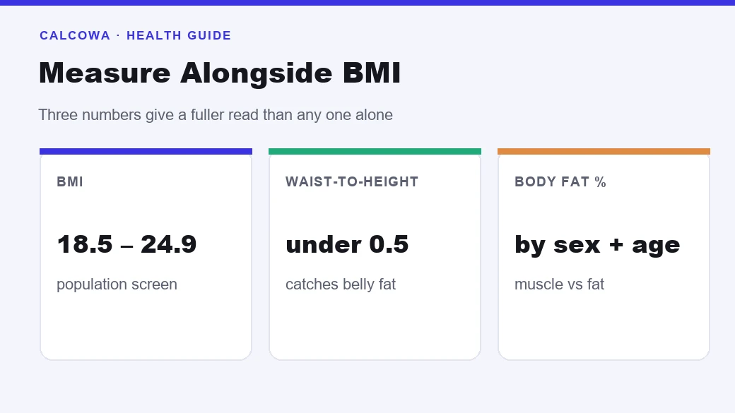 What to measure alongside BMI shown as three linked gauges for BMI, waist-to-height ratio, and body fat percentage