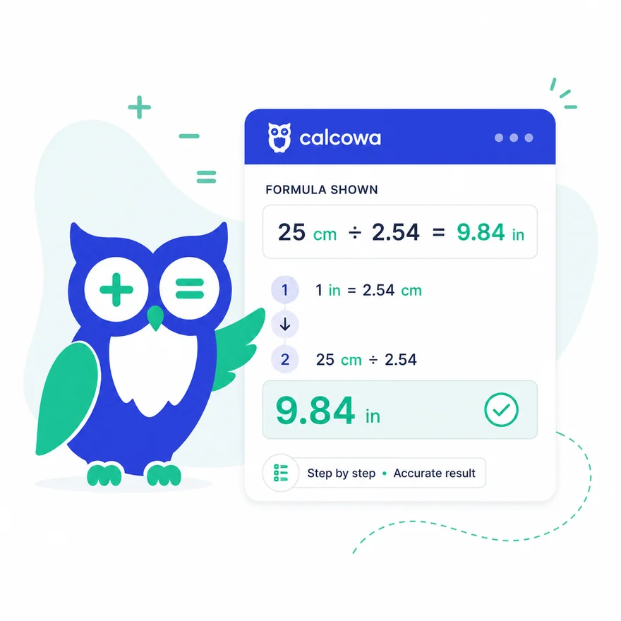 Calcowa converter card showing the step by step formula 25 cm divided by 2.54 equals 9.84 inches