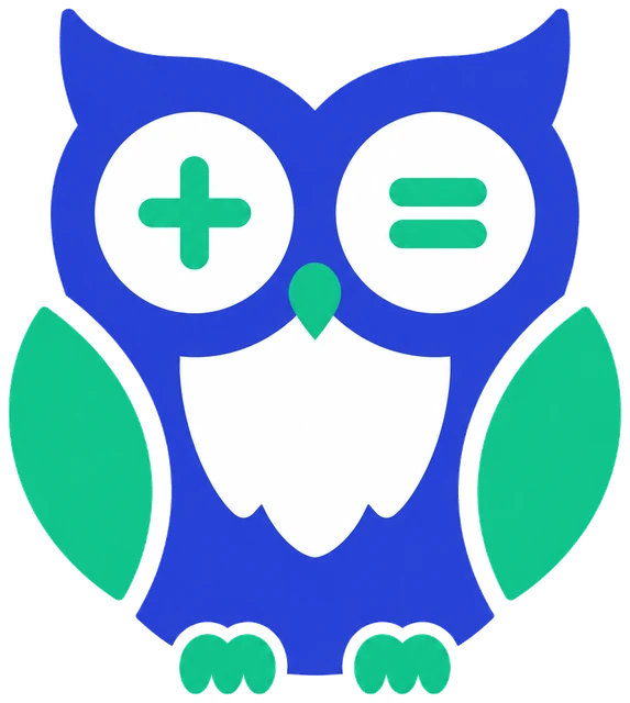 Owa, the Calcowa owl mascot with plus and equals calculator eyes